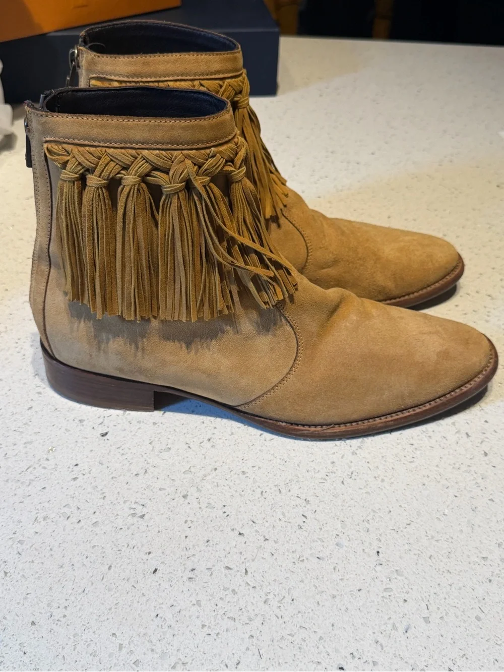 Jimmy choo Men's Suede Fringe Ankle Boots in Tan back zip